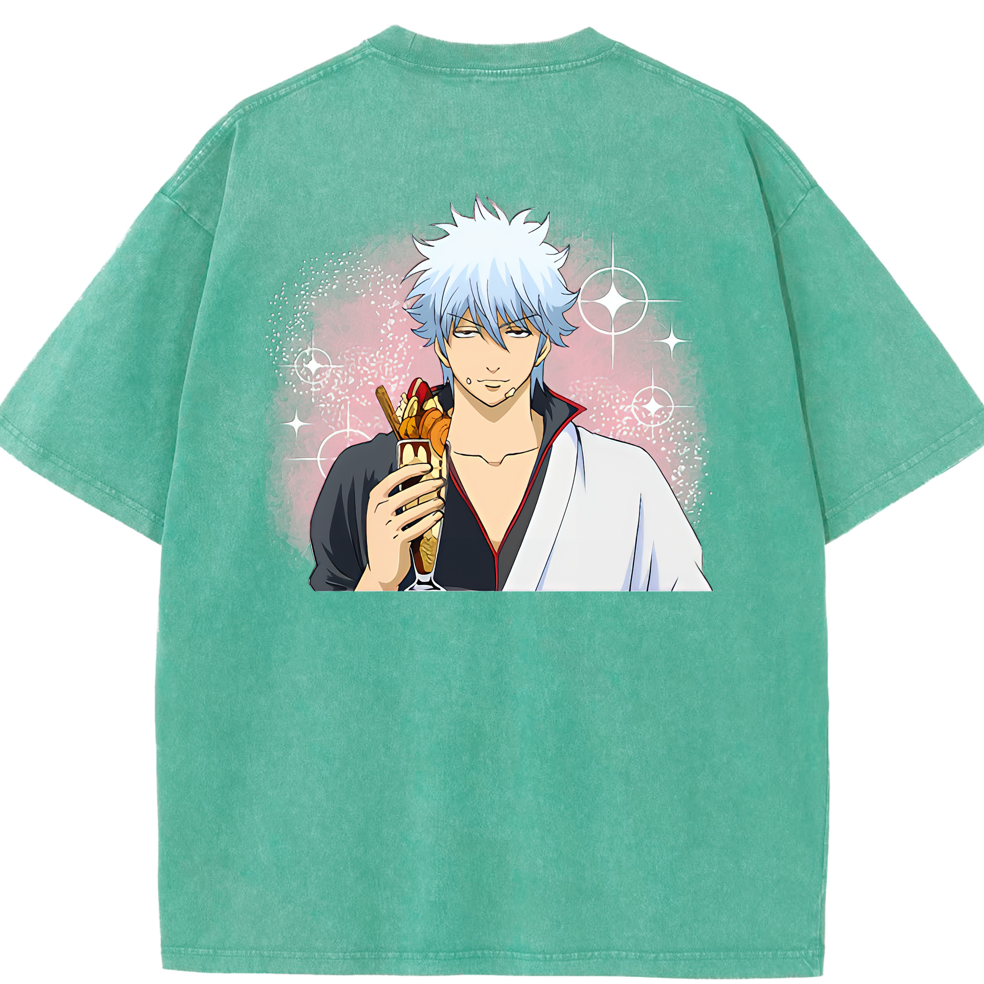 （画像用） ぎんたま 坂田銀時（さかたぎんとき） 神楽 志村新八（しむら しんぱち） GINTAMA Sakata Gintoki Kagura Shimura Shinpachi 綿100% ヴィンテージ風 半袖Tシャツ（背面プリント）
